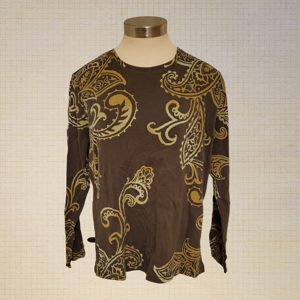 Contemporary Botanical Print Sonoma Cotton Long Sleeve Tee XL Dark Green.